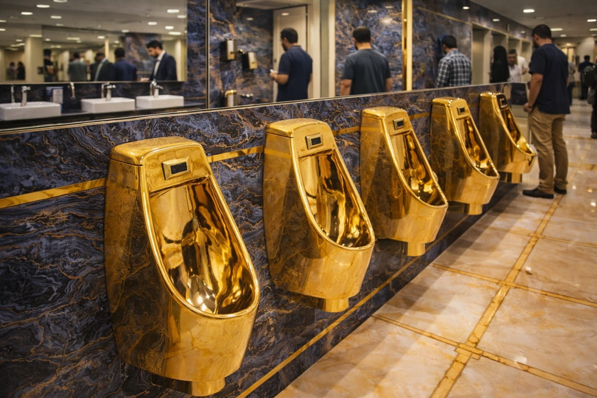 Luxury men's restroom featuring polished gold urinals mounted on a marble wall in an upscale commercial bathroom interior.